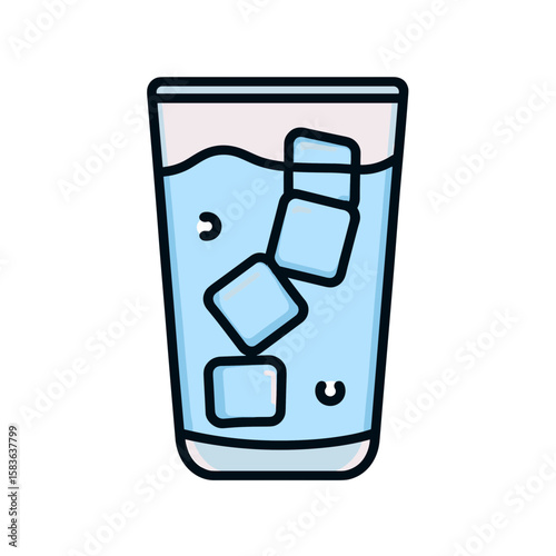 Tall glass of light blue liquid with three blue-tinted ice cubes, black outline, frothy pink top, scattered bubbles, and plain white background.
