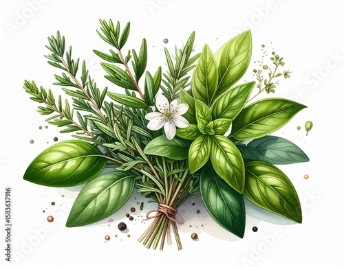 A botanical illustration of a vibrant bouquet of culinary herbs including basil, rosemary, and thyme. Represents natural ingredients and fresh flavor.