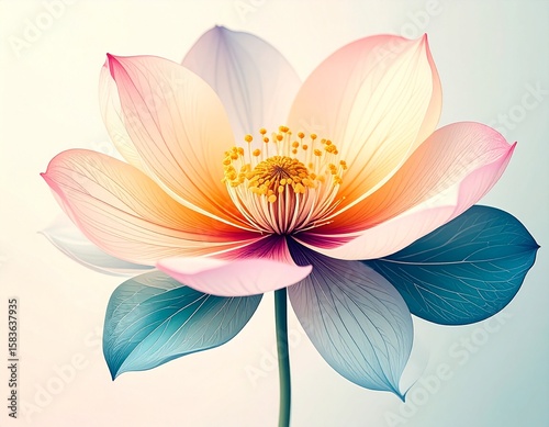 A detailed botanical illustration of a single beautiful flower, with a soft, ethereal glow. Represents natural beauty, purity, and spiritual grace.