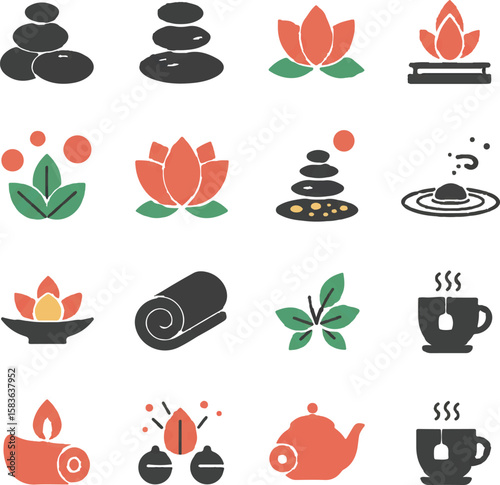 Spa Wellness Icons. Solid, filled icon set of spa and wellness massage stones, lotus flower, zen garden, towel roll, herbal tea