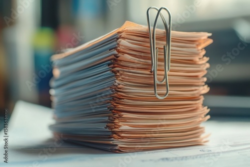 Stack of organized paperwork held together with a metal clip on a desk during daylight hours