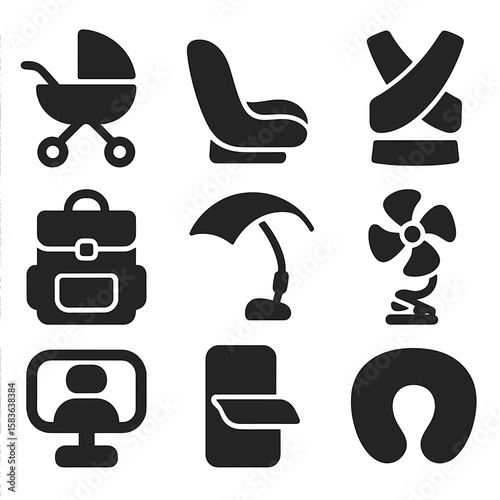Baby Travel Essentials Icons. Solid style icons of stroller and travel: baby stroller icon, car seat silhouette, baby carrier wrap