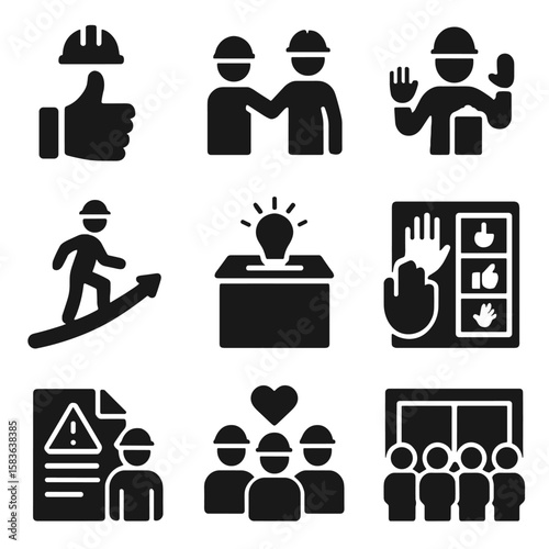Safety Icons Collection. Solid style icons of behavioral safety: thumbs up safety, peer check icon, report unsafe act, safe
