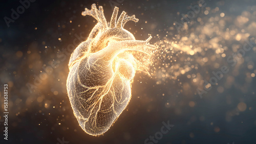 Abstract panoramic background with realistic glowing human heart shape on it. Cardiology and health care concept.