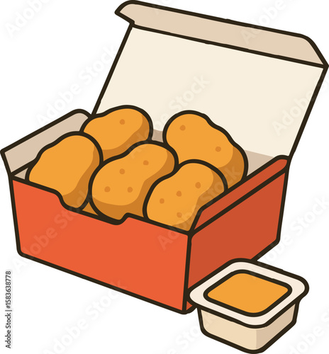 Fresh crispy chicken nuggets inside a red takeout container with sauce