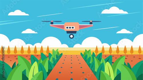 An AIpowered drone flying over a large field equipped with sensors to gather data on crop health and yield potential.. Vector illustration