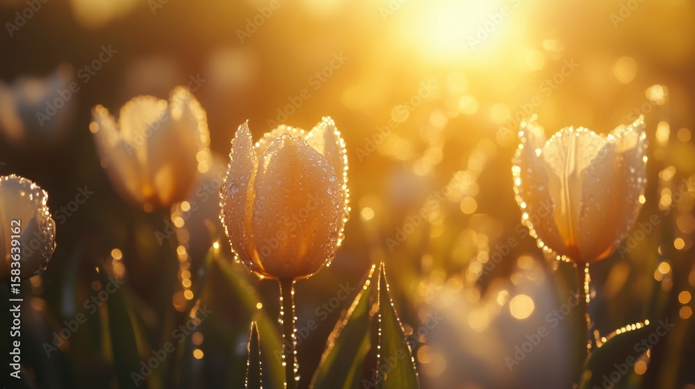 Fototapeta premium Captivating closeup of dew-covered tulips in a vibrant field nature photography early morning light floral beauty