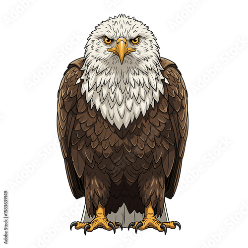 Detailed illustration of a bald eagle, front view, showcasing its powerful stance and sharp features.