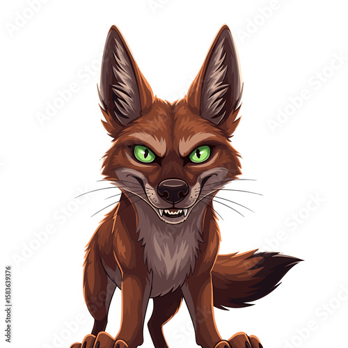 Cartoon illustration of a brown fox with piercing green eyes, showing its teeth, against a white background.