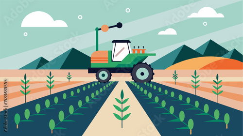 An autonomous seeder travels through a field stopping to plant seeds at specific locations based on soil conditions and nutrient levels. This precision farming technique maximizes. Vector illustration