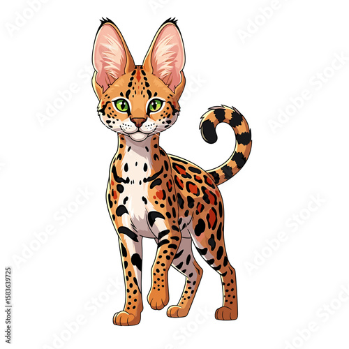 A cartoon illustration of a spotted serval cat standing upright and looking forward.