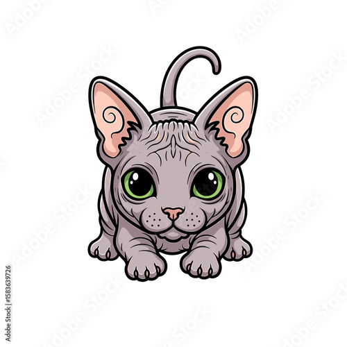 Cartoon illustration of a cute gray Sphynx kitten with large green eyes, looking directly at the viewer.