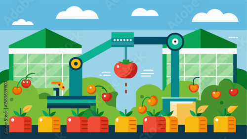 An advanced greenhouse with automated harvesting machines which can detect and pick ripe fruits and vegetables without human intervention.. Vector illustration