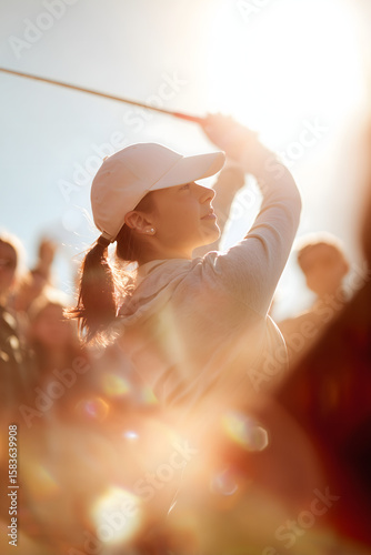 Female Golfer Swinging Club with Backlight and Motion