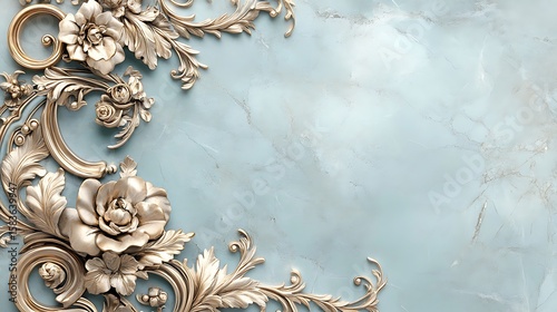 Ornate gold floral design on light blue marble