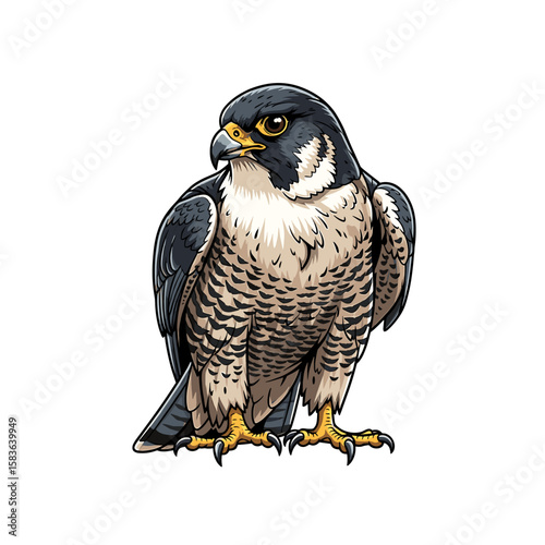 A detailed illustration of a peregrine falcon, standing alert with a determined gaze.
