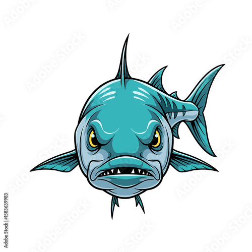 Cartoon illustration of an angry tarpon fish, front view, bold colors.