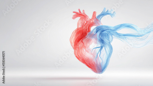 Abstract panoramic background with realistic human heart shape on it. Cardiology and health care concept.