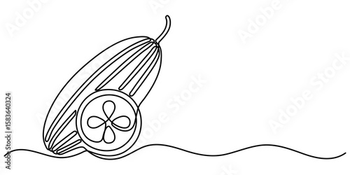 Continuous one line drawing of cucumber with slices, depicting cool freshness and hydration, line art style vector illustration. 