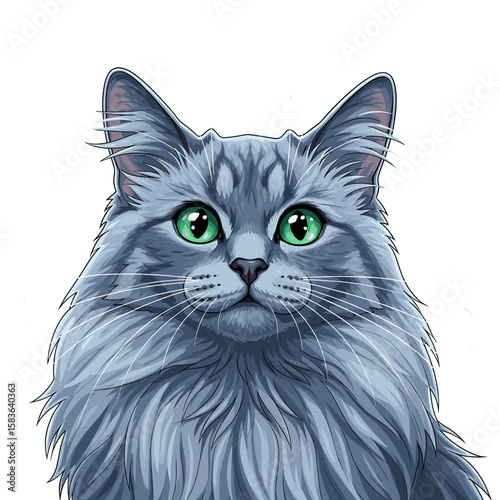 A stylized portrait of a fluffy, long-haired gray cat with striking green eyes, looking directly at the viewer.
