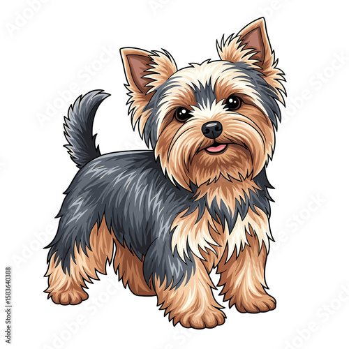 Cartoon illustration of a Yorkshire Terrier dog, standing and looking friendly.