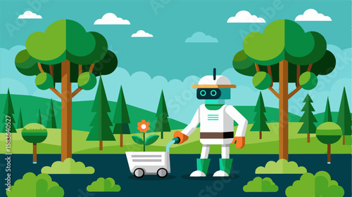 An autonomous tree planter roams through the forest planting seedlings at designated locations based on soil and environmental conditions.. Vector illustration