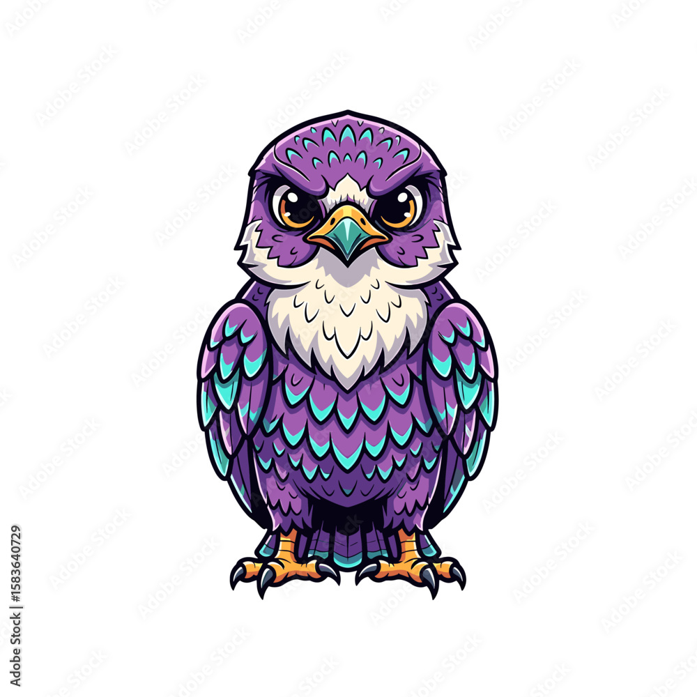 Obraz premium A stylized purple falcon, fiercely staring, with teal accents on its feathers.