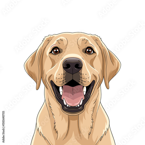 Happy yellow Labrador Retriever dog portrait, cheerful expression, detailed illustration.