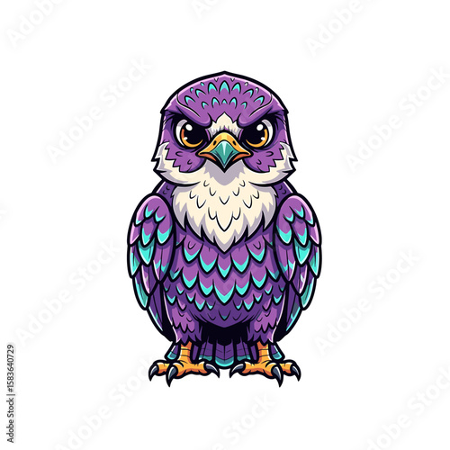 A stylized purple falcon, fiercely staring, with teal accents on its feathers.
