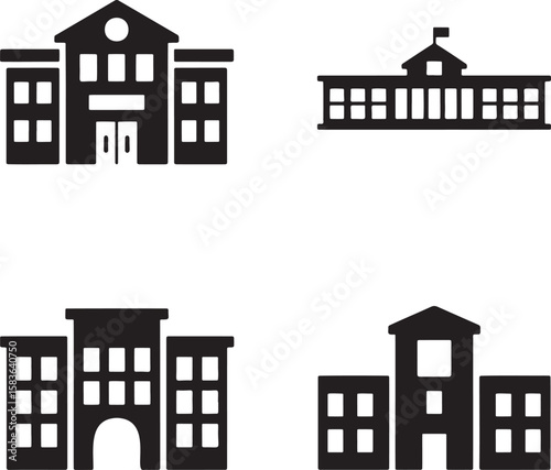 Set of School building silhouette vector illustration isolated On Transparent Background