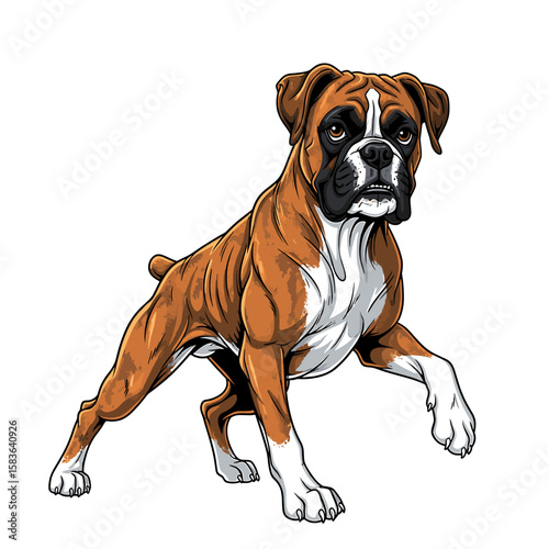A detailed illustration of a brown and white Boxer dog in a dynamic, forward-moving pose.
