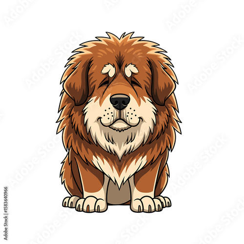 A serene, cartoon Tibetan Mastiff dog sits contentedly, showcasing its thick, luxurious fur.