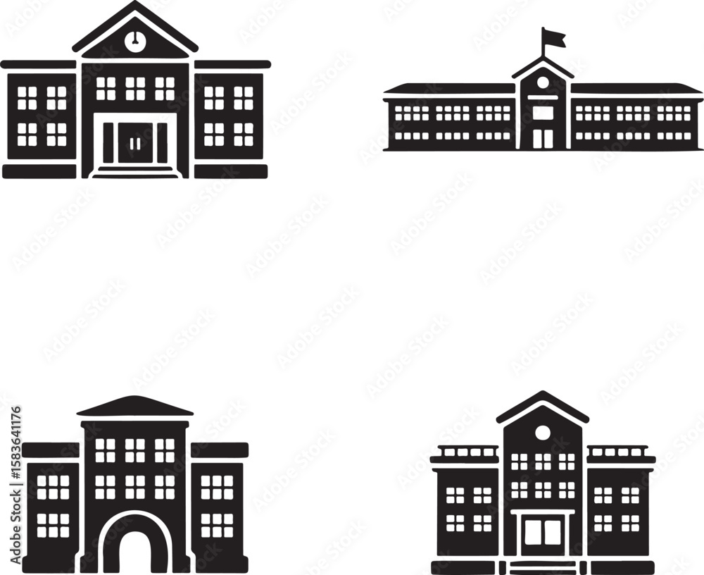 Fototapeta premium Set of School building silhouette vector illustration isolated On Transparent Background