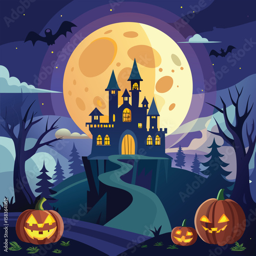 Halloween Background with Moon and Bats