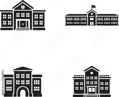 Set of School building silhouette vector illustration isolated On Transparent Background