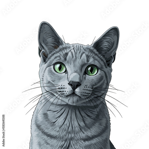 Portrait of a regal Russian Blue cat, showcasing its striking green eyes and silver-blue fur.