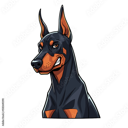 A stylized illustration of a Doberman Pinscher dog with a focused expression.