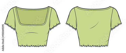 Crop Top technical fashion illustration. Cropped Tee Shirt fashion flat technical drawing template, lettuce hem, square neck, slim fit, front and back view, green color, women CAD mockup.
