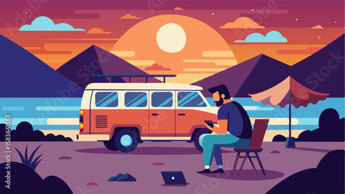 As the sun sets behind the horizon a photographer finishes up some editing on his laptop inside a vintage campervan ready to call it a day in the great outdoors.. Vector illustration