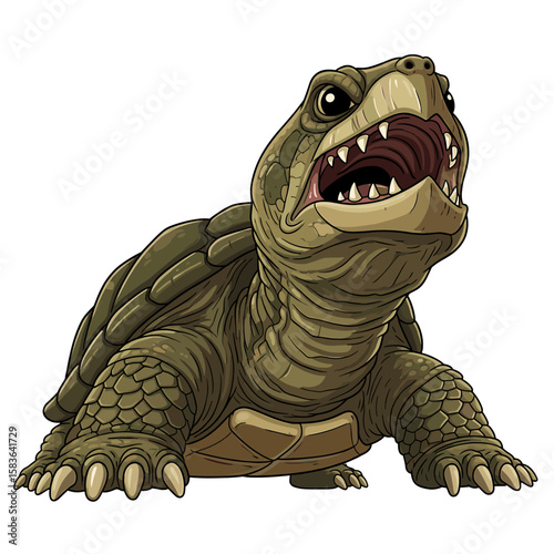 Cartoon turtle with open mouth, revealing teeth and tongue, standing on a white background.