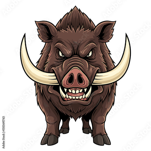 A fierce, cartoon boar with prominent tusks stares directly ahead, showcasing aggressive features and detailed fur.