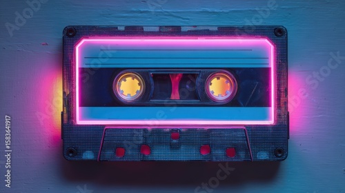 A vibrant retro cassette tape with neon lights, symbolizing nostalgia and music culture of the past.