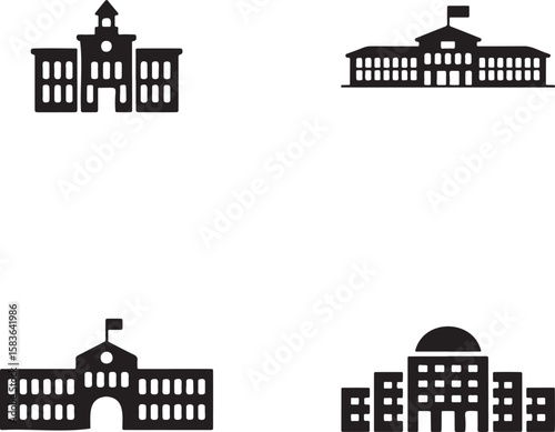 Set of School building silhouette vector illustration isolated On Transparent Background