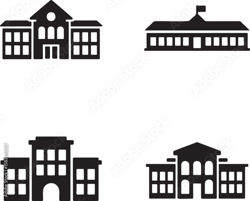Set of School building silhouette vector illustration isolated On Transparent Background