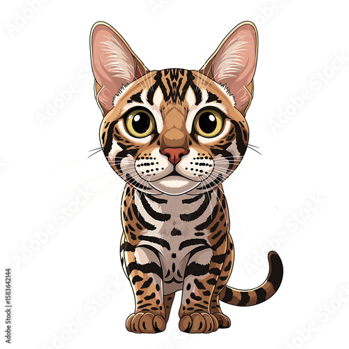 Cute cartoon illustration of a Bengal cat, showcasing its distinctive markings and friendly expression.