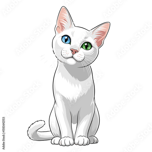 Adorable white kitten with heterochromia iridis, sitting and gazing upward.