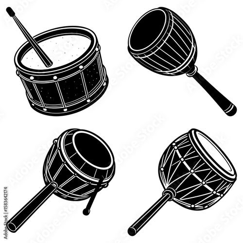 Illustration of four percussion instruments including a snare drum and various hand drums in black and white