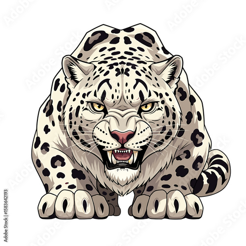 Powerful snow leopard illustration, crouched low, showing teeth, intense gaze.
