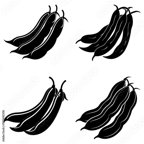 Illustration of several groupings of black and white string beans on a white background image