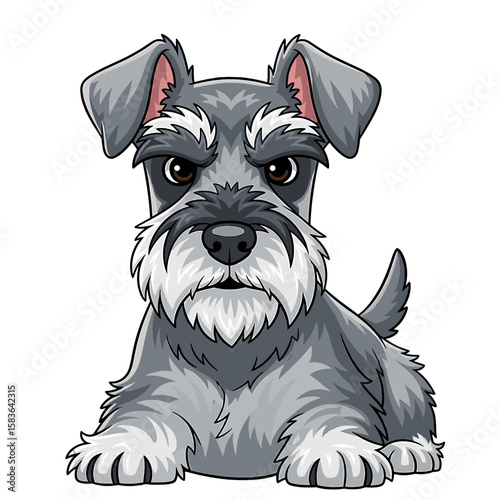 Cartoon illustration of a grumpy-looking Schnauzer dog, front view, detailed features.